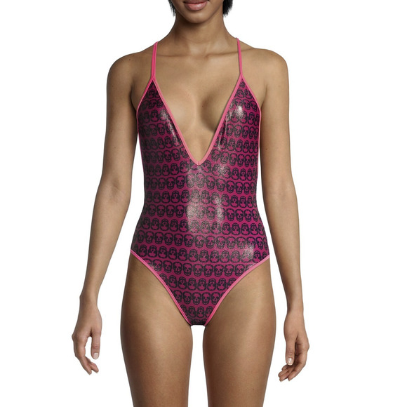 NEW ZADIG & VOLTAIRE Hot Pink and Black Skull Printed One-Piece Swimsuit - M